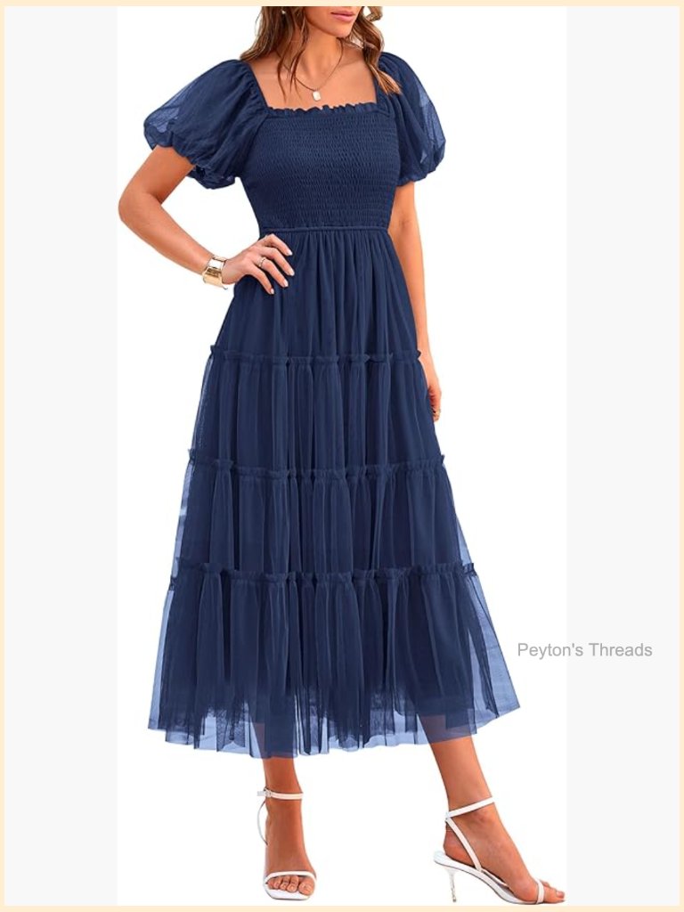Smocked Midi Tulle Dress Square Neck Puff Sleeve Ruffle Wedding Guest